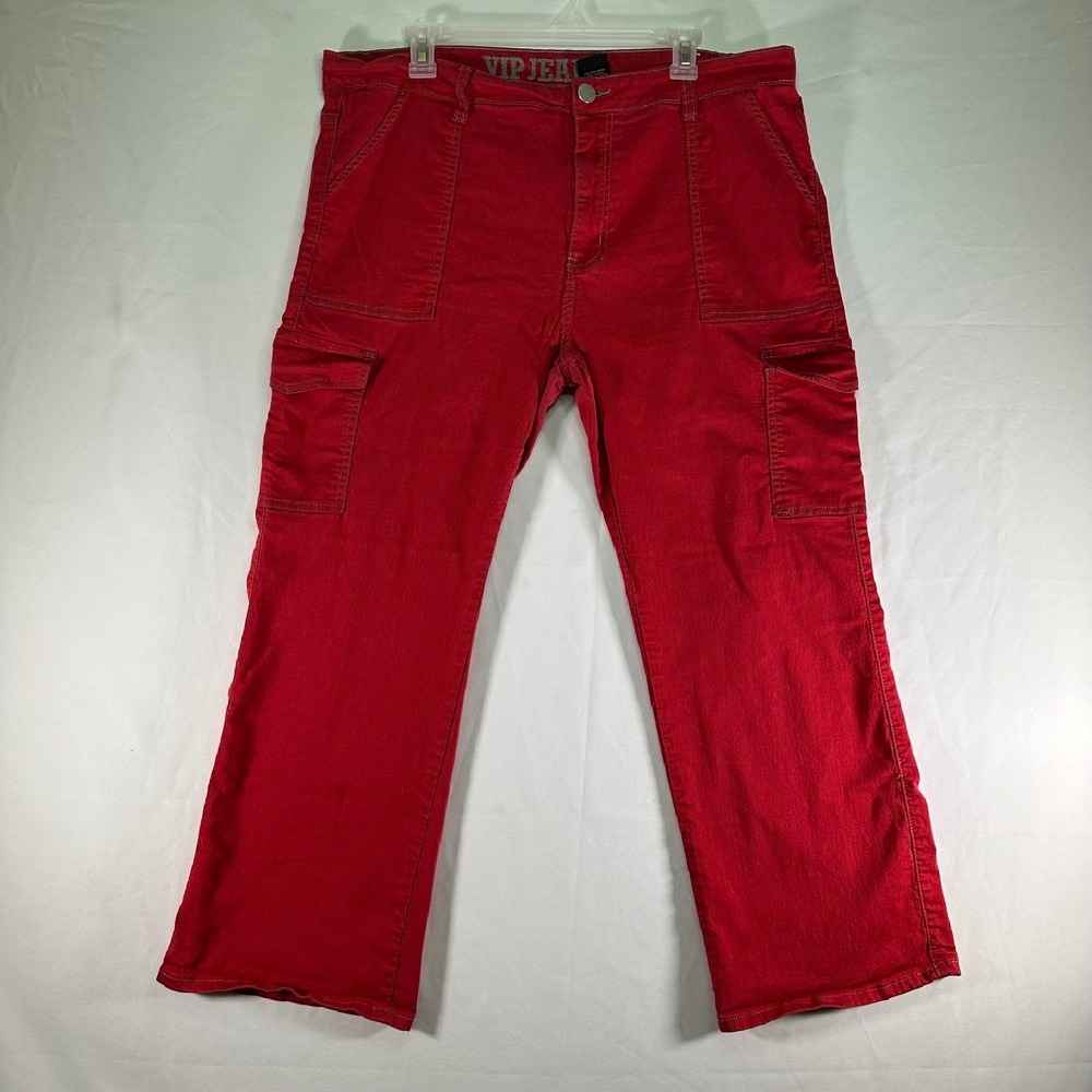 VIP Jeans Wide Leg Stretch Denim Red Cargo Pants‎ Pockets Valentine Womens 23-24